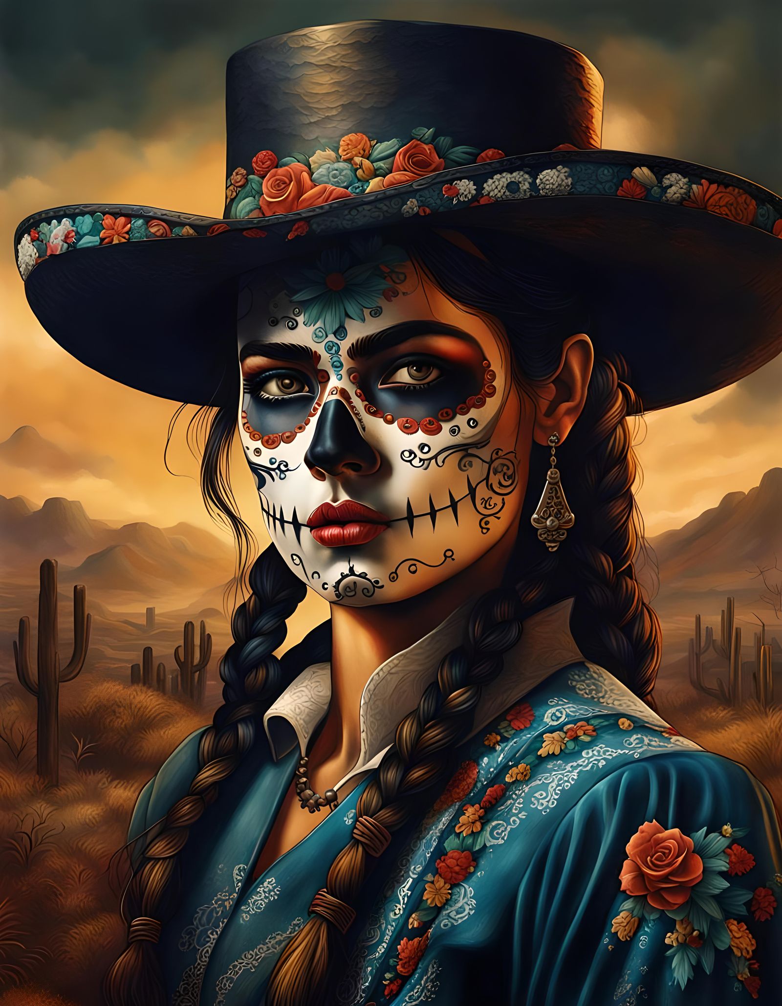 Day of the Dead Pistolero Girl in Hyperrealistic Style