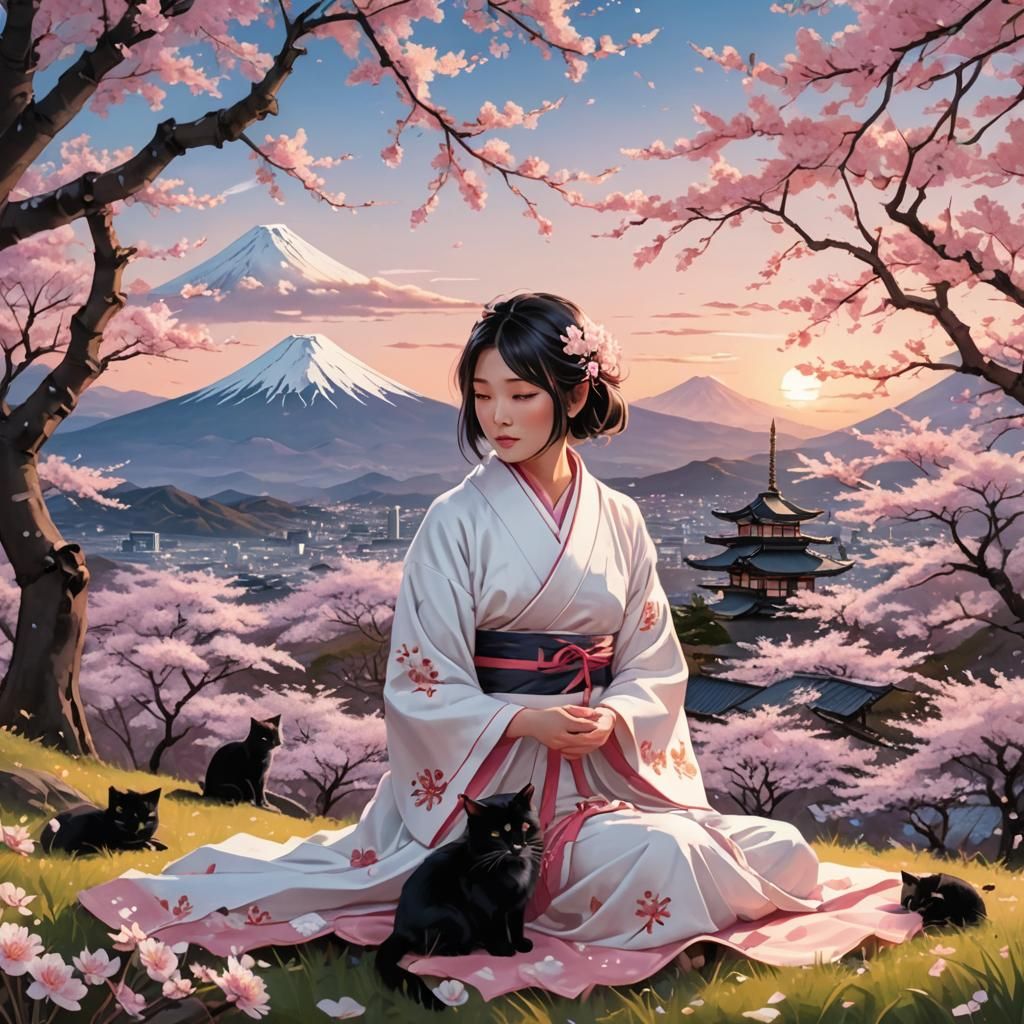 Japanese Girl with Cat in Cherry Blossom Field