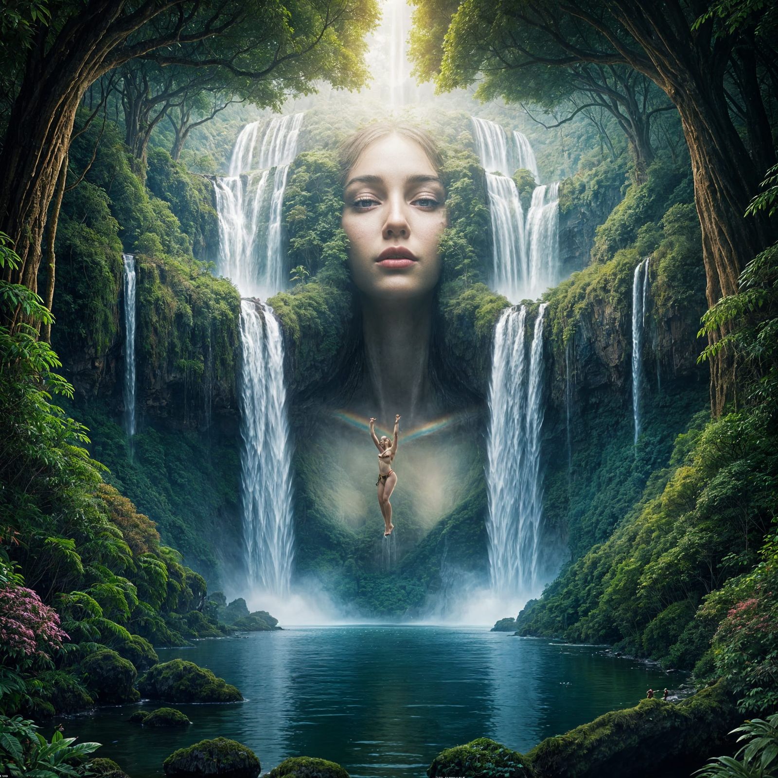 Surreal Waterfall Goddess Rises from Jungle Lake