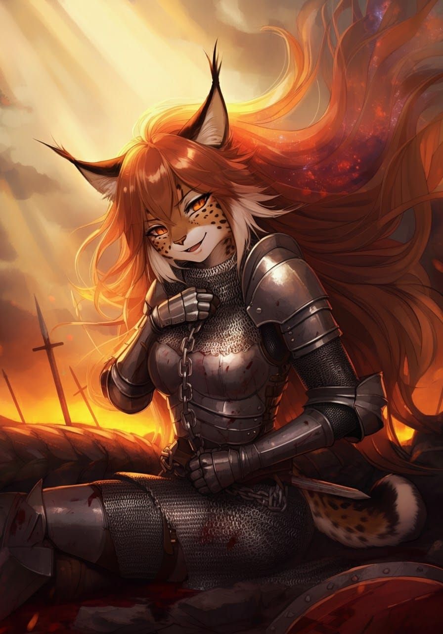 Anthropomorphic Lynx Victorious on Dragon Battlefield in Wat...