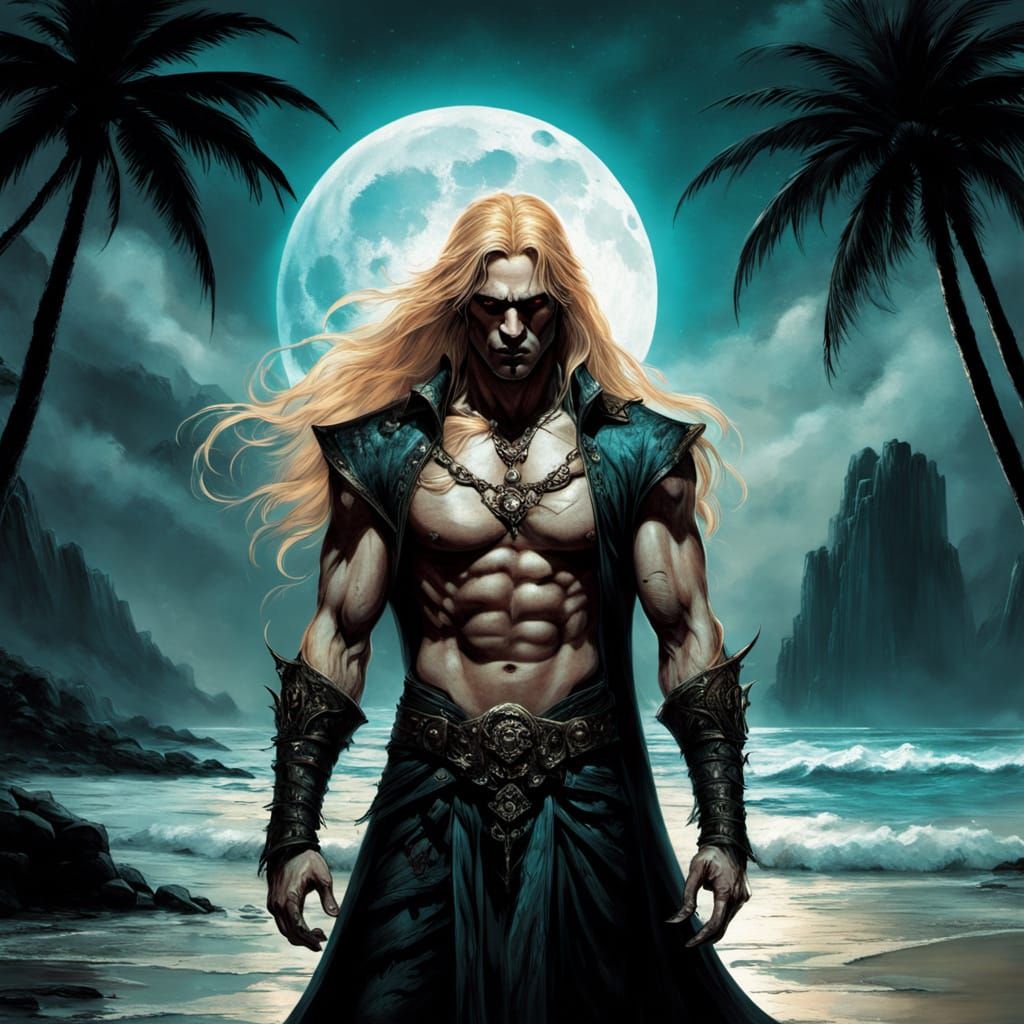 Gothic Vampire on Tropical Beach, Dark Fantasy Art