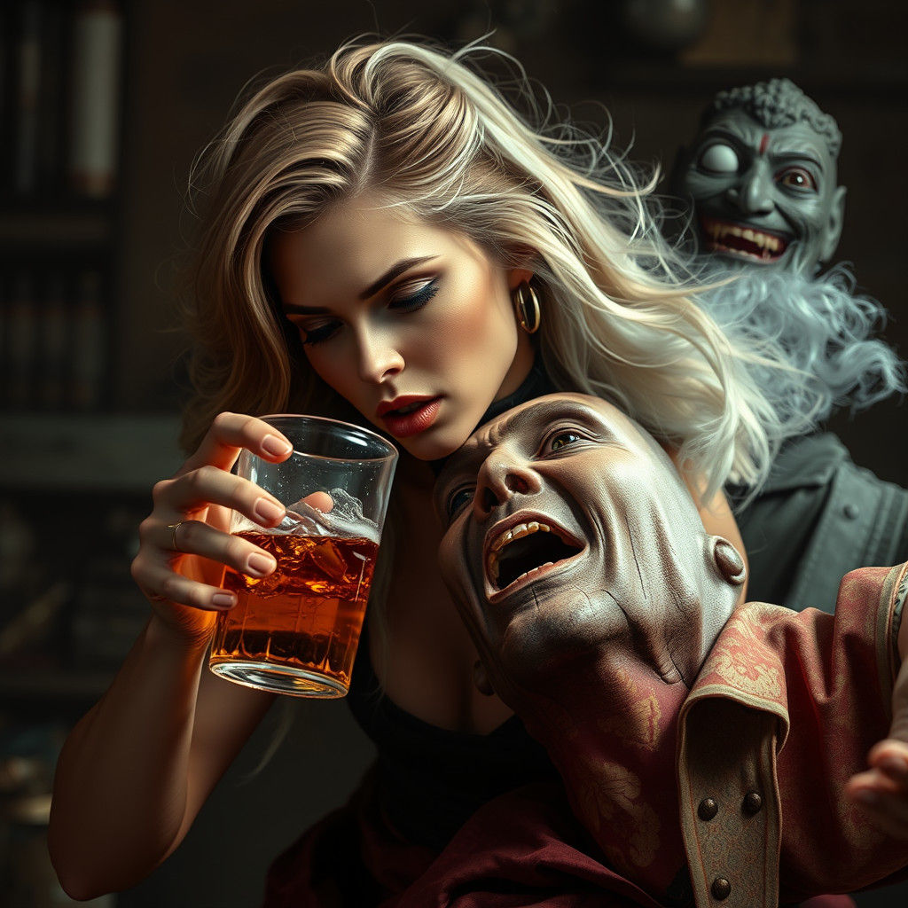 Hyperrealistic Woman's Violent Assault on Drunk Man