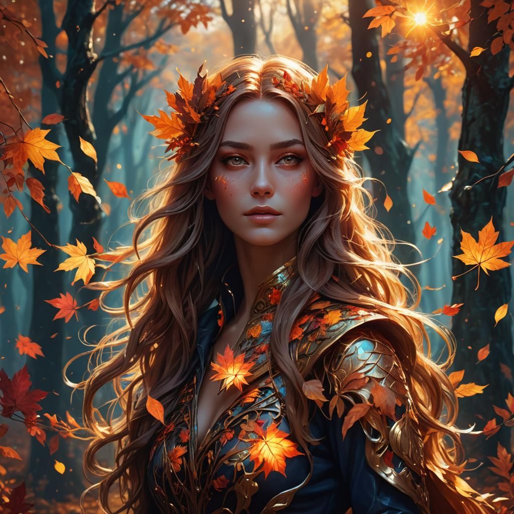 Autumn Goddess in a Glowing Forest, Fantasy Art