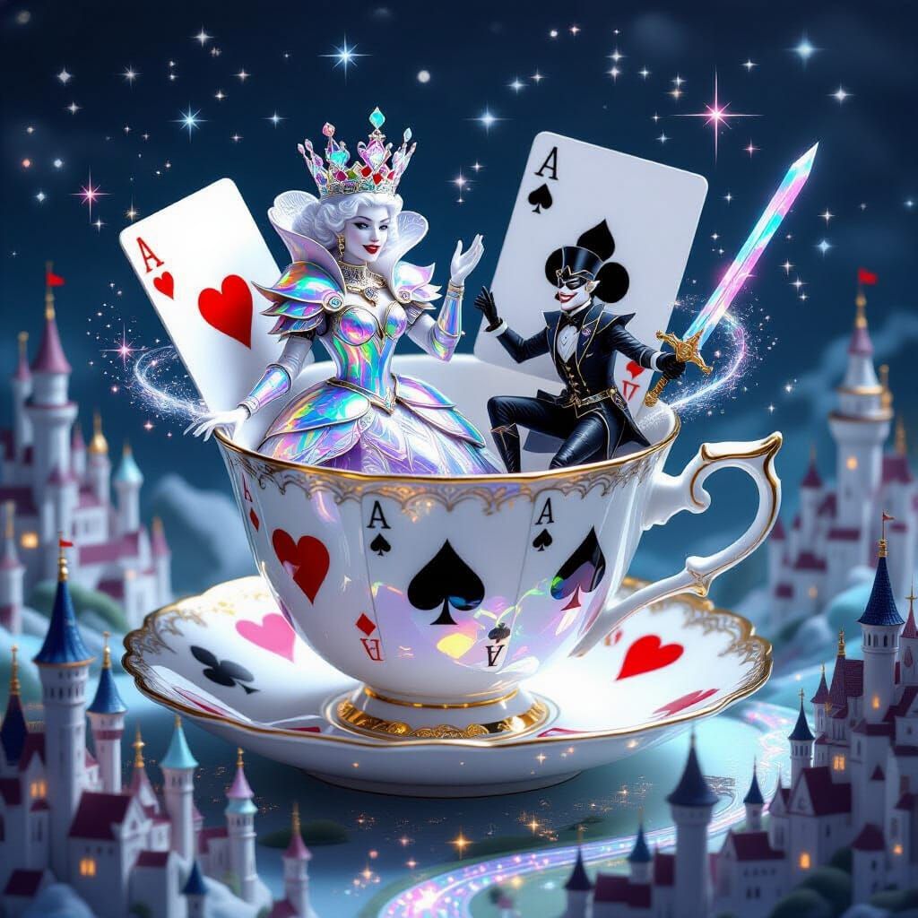 Floating Teacup Royal Court in Fantasy Landscape