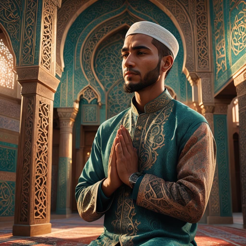 Young Muslim Man in Prayer with Golden Light