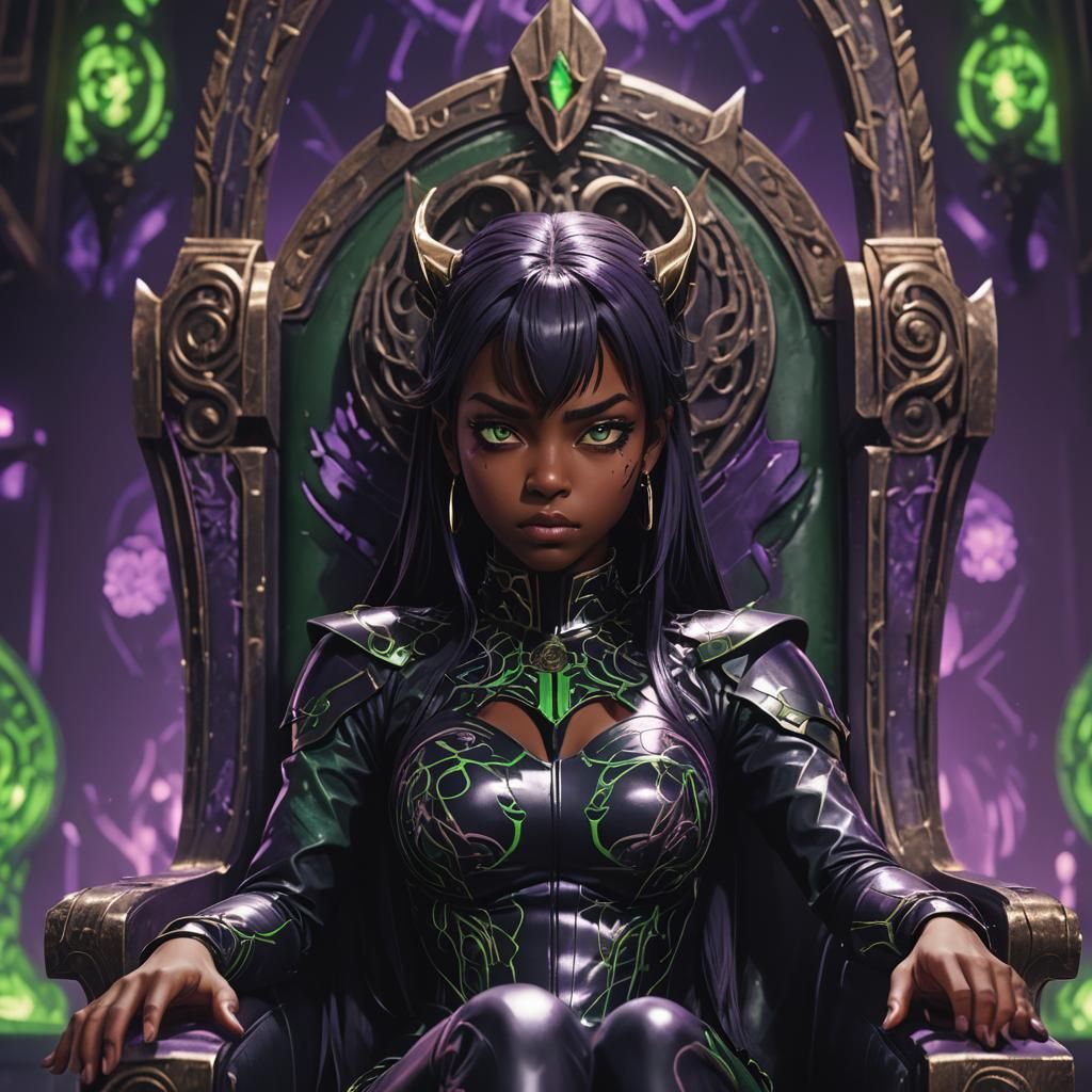 Dark Anime Girl on Throne in Key Visual Style