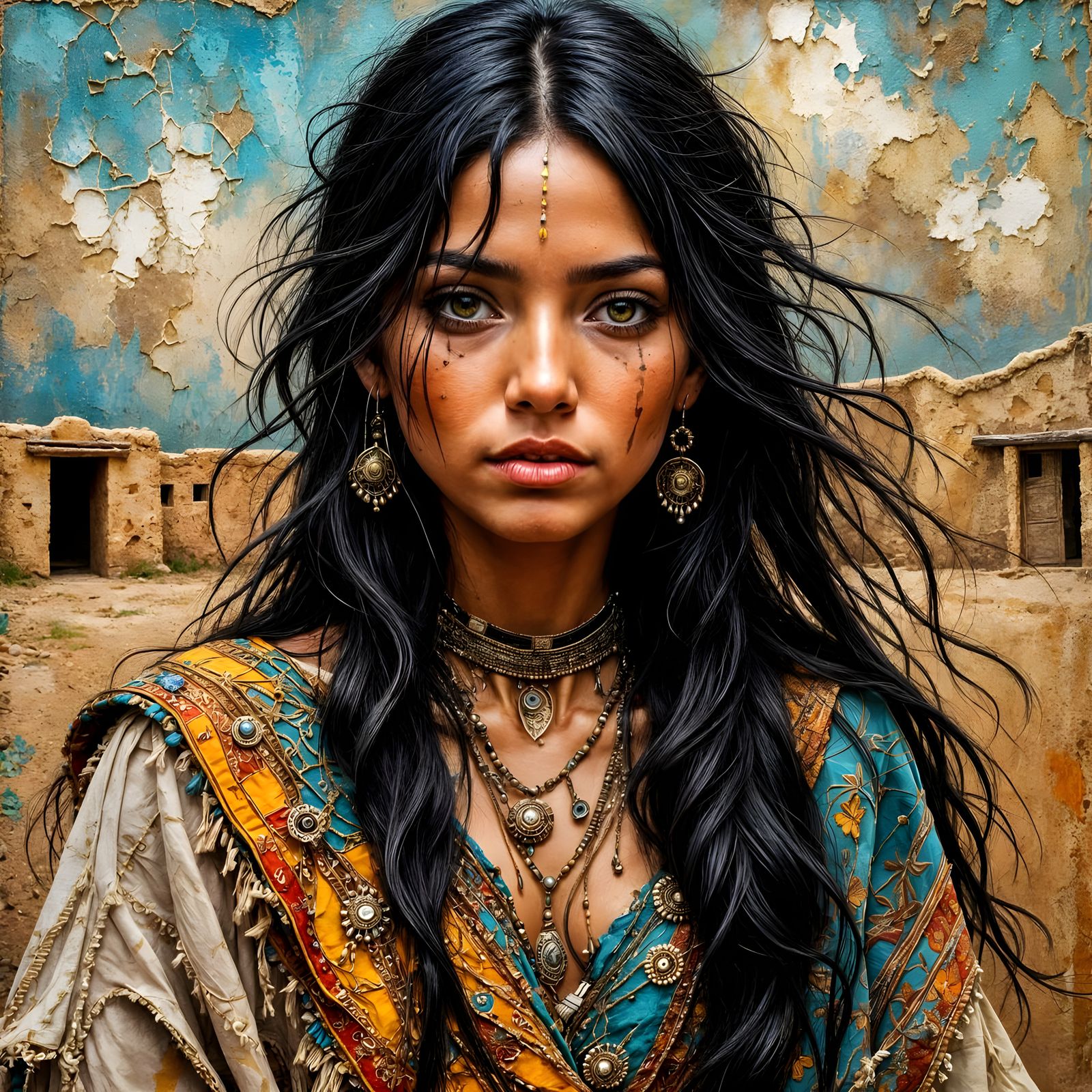 Native American Woman Portrait in Expressive Impasto Style