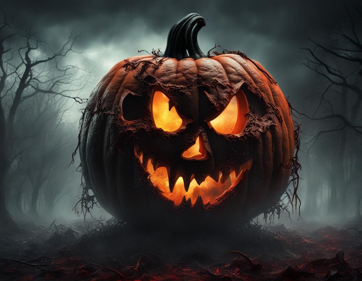 Eerie Rotting Jack-O'-Lantern: A Horror Scene