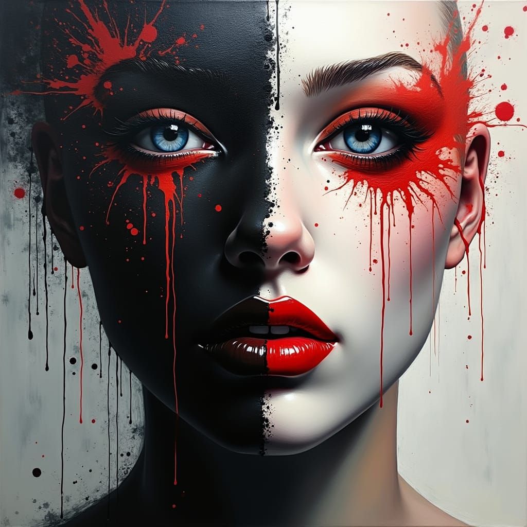 Surreal Oil Painting of a Female Face in Contrasting Dark an...