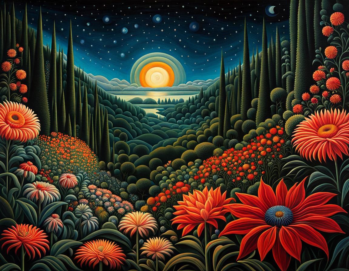 Psychedelic Alien Flowers in Naive Art Style