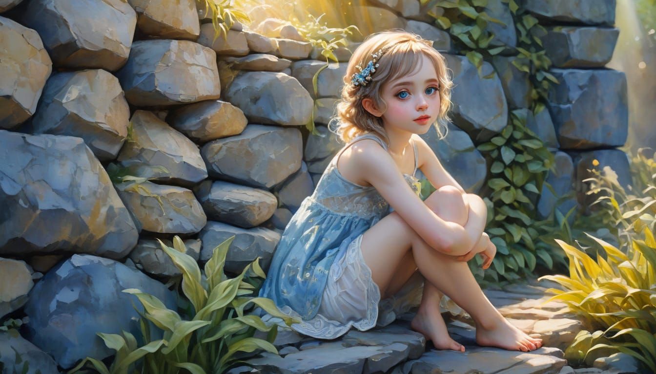 Pixie Girl in Ethereal Garden: Gouache Watercolor