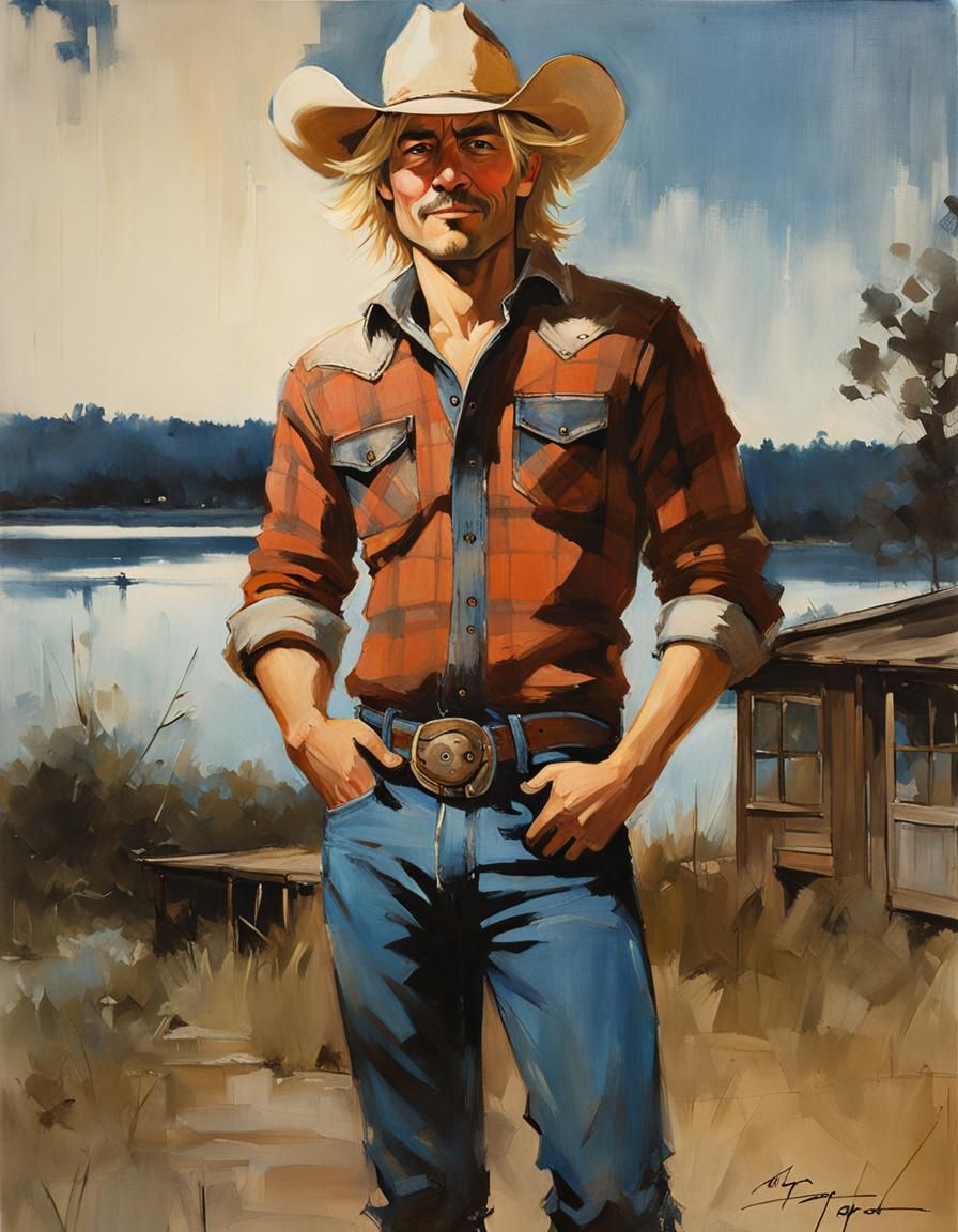 Cowboy Portrait in Anime Style on Lake House Patio