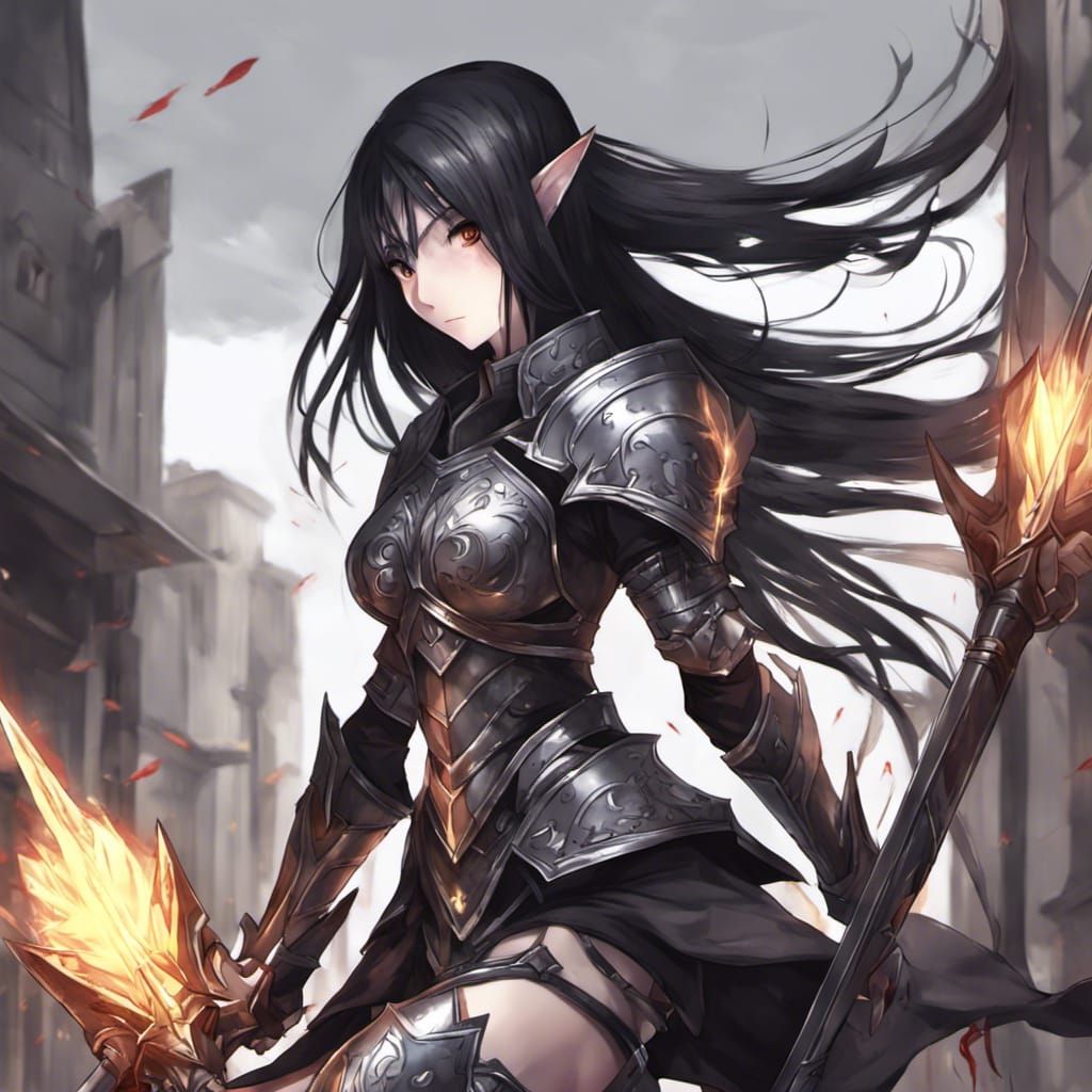 Anime Dark Elf Knight in Plate Armor