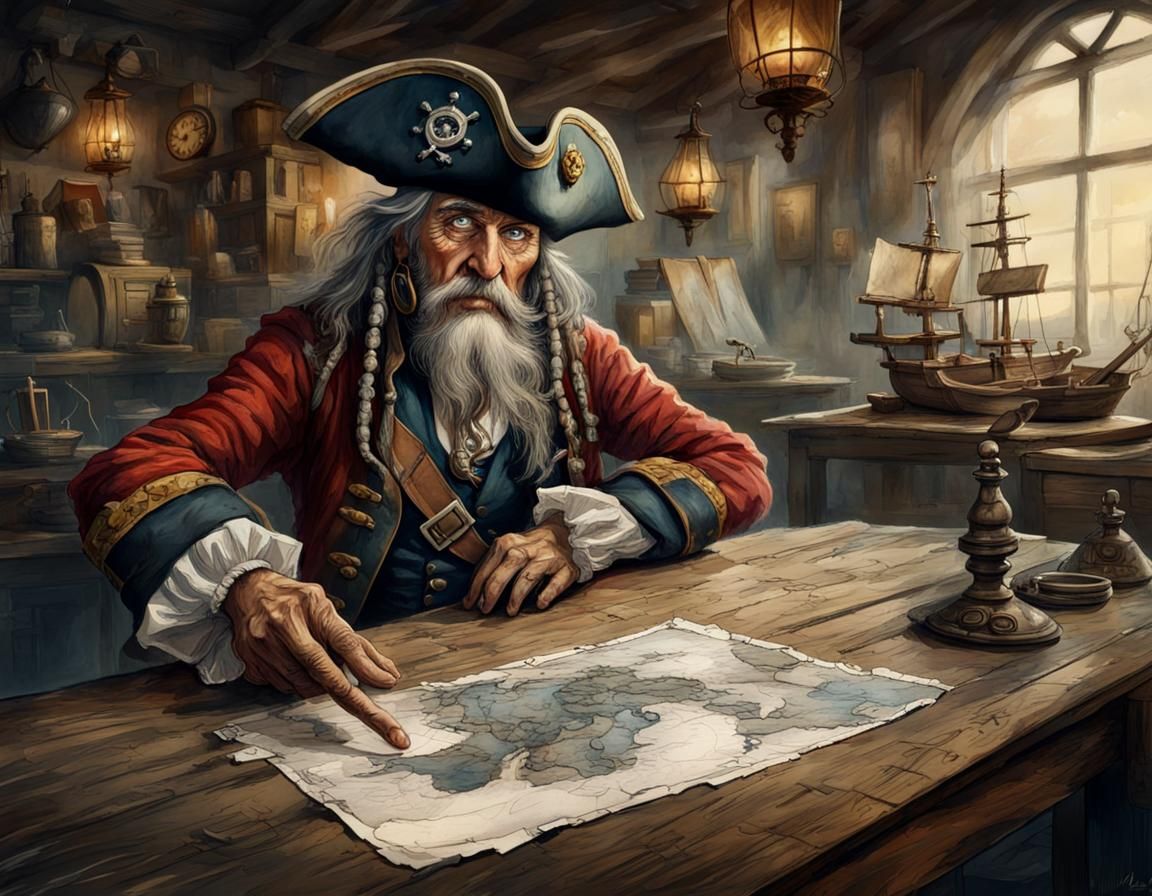 Old Pirate Studying Treasure Map in Watercolor Style