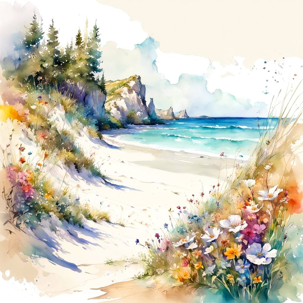 Sunny Beach With Wildflowers in Watercolor Style