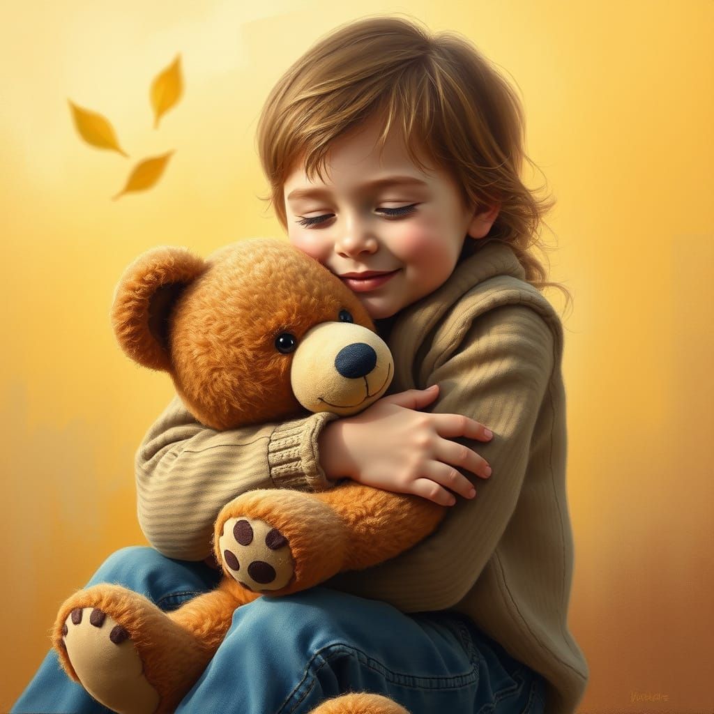 Child Wrapped in Warm Hug with Faded Teddy Bear in Cozy Gold...