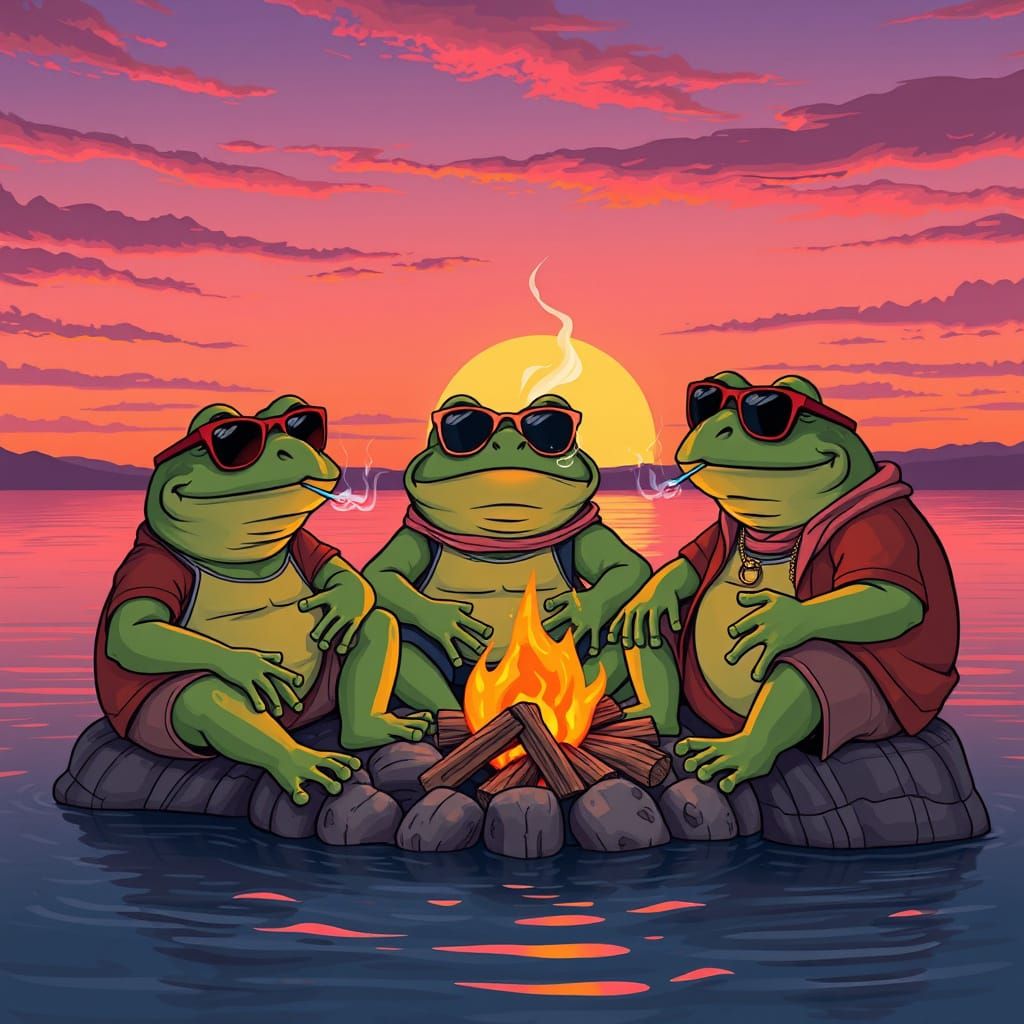 Frogs Enjoy Sunset by Fire in Whimsical Style