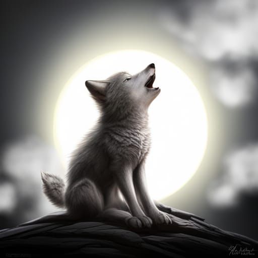 Cute Wolf Cub Howling at the Moon