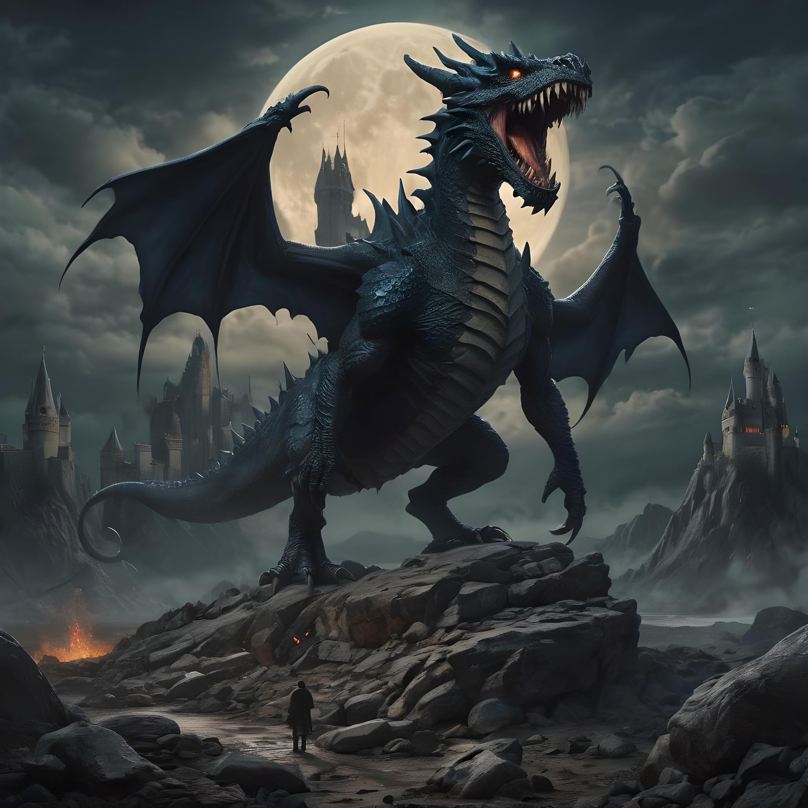 Fearsome Dragon in Dark, Eerie Scene