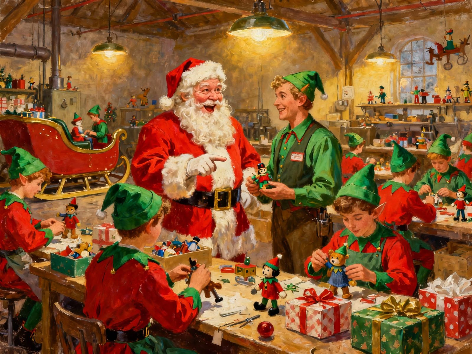 Cozy Elf Toy Factory with Santa Claus