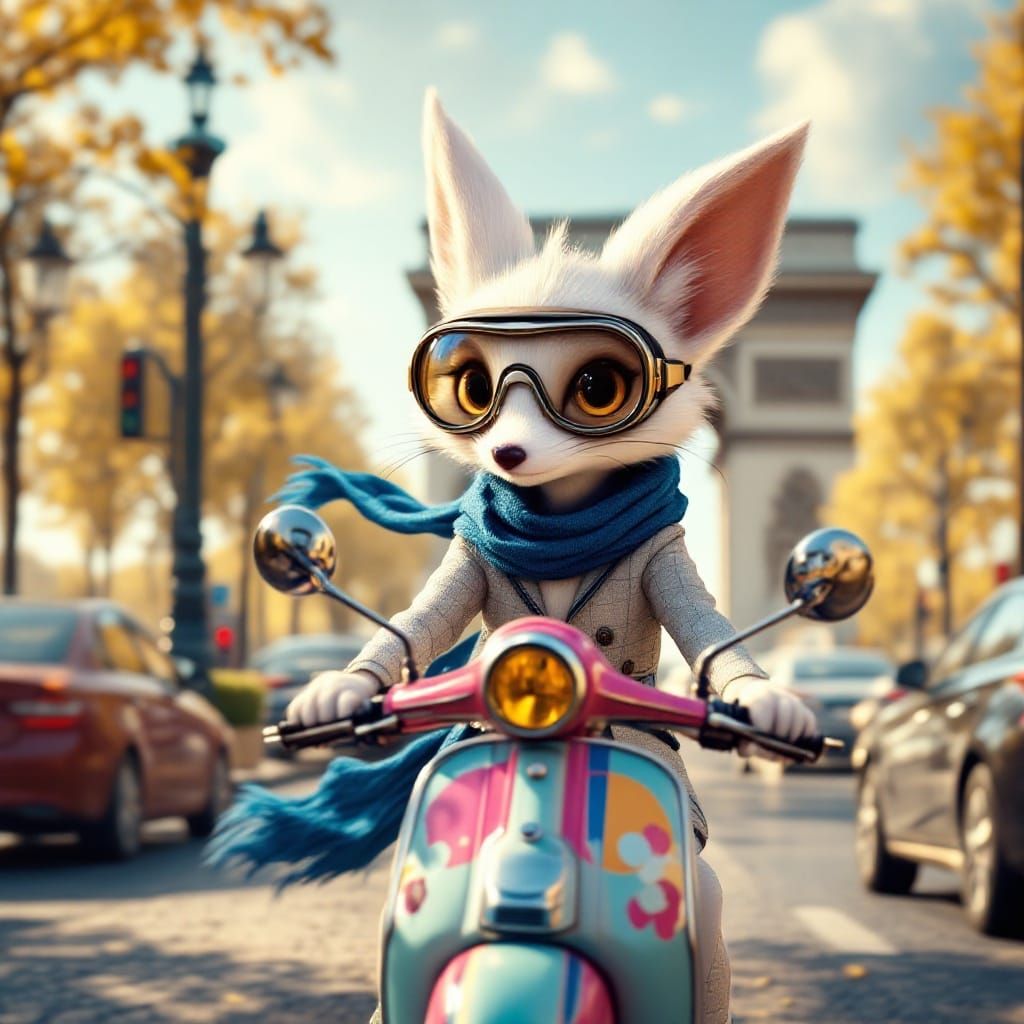 Anthropomorphic Fox Rides Vibrant Scooter Past Arc de Triomp...