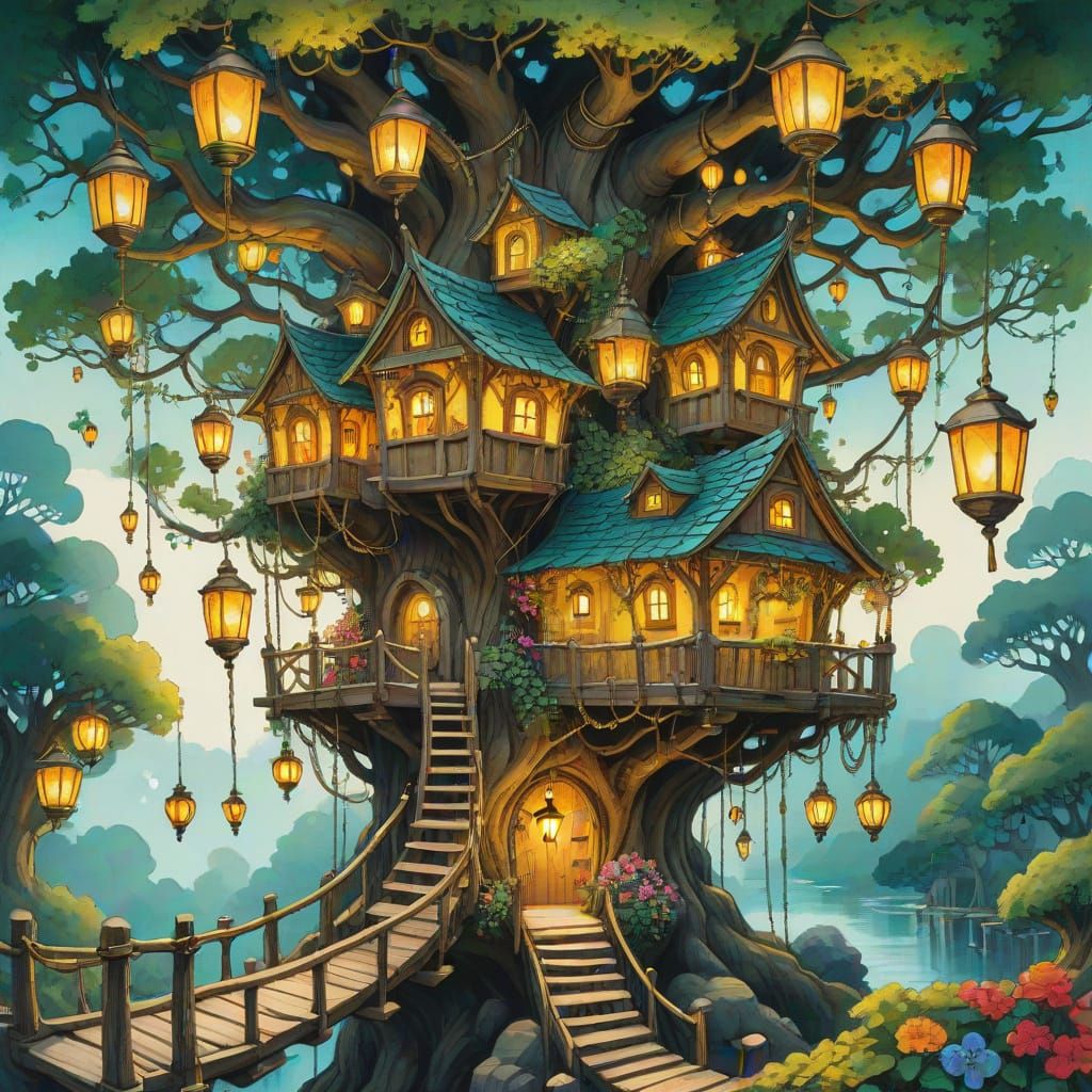Whimsical Treehouse Village in Gouache Style