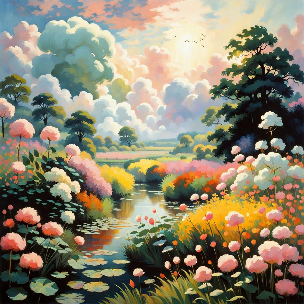 Mysterious Landscape with Cotton Candy Clouds in Impressioni...