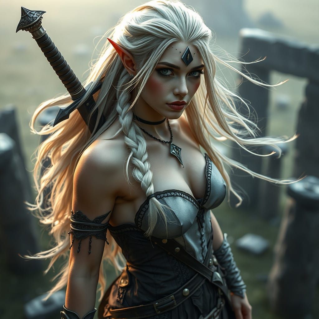 Gothic Elf Warrior in Medieval Megalith Site