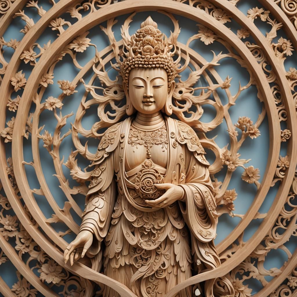 Japanese Woodcarving of Buddhist Deity in Kiefer Wood