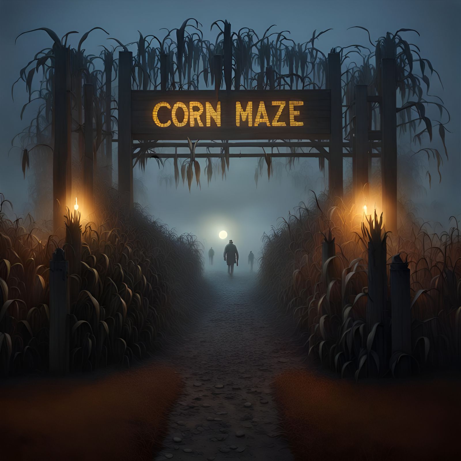 Eerie Corn Maze Entrance in Hyperrealistic Style