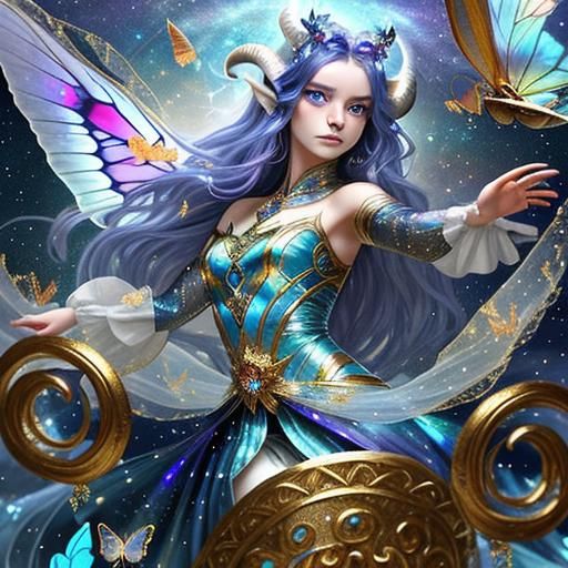 Ethereal Beauty: Seraphina with Horns and Butterflies
