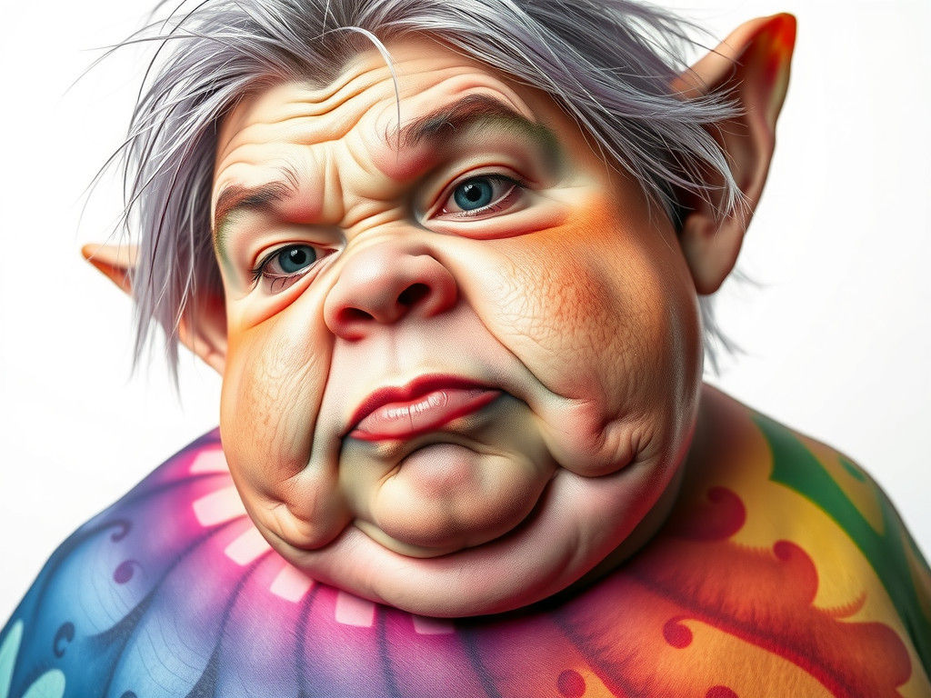 Rainbow Body Painting on Obese Elf, Photorealistic