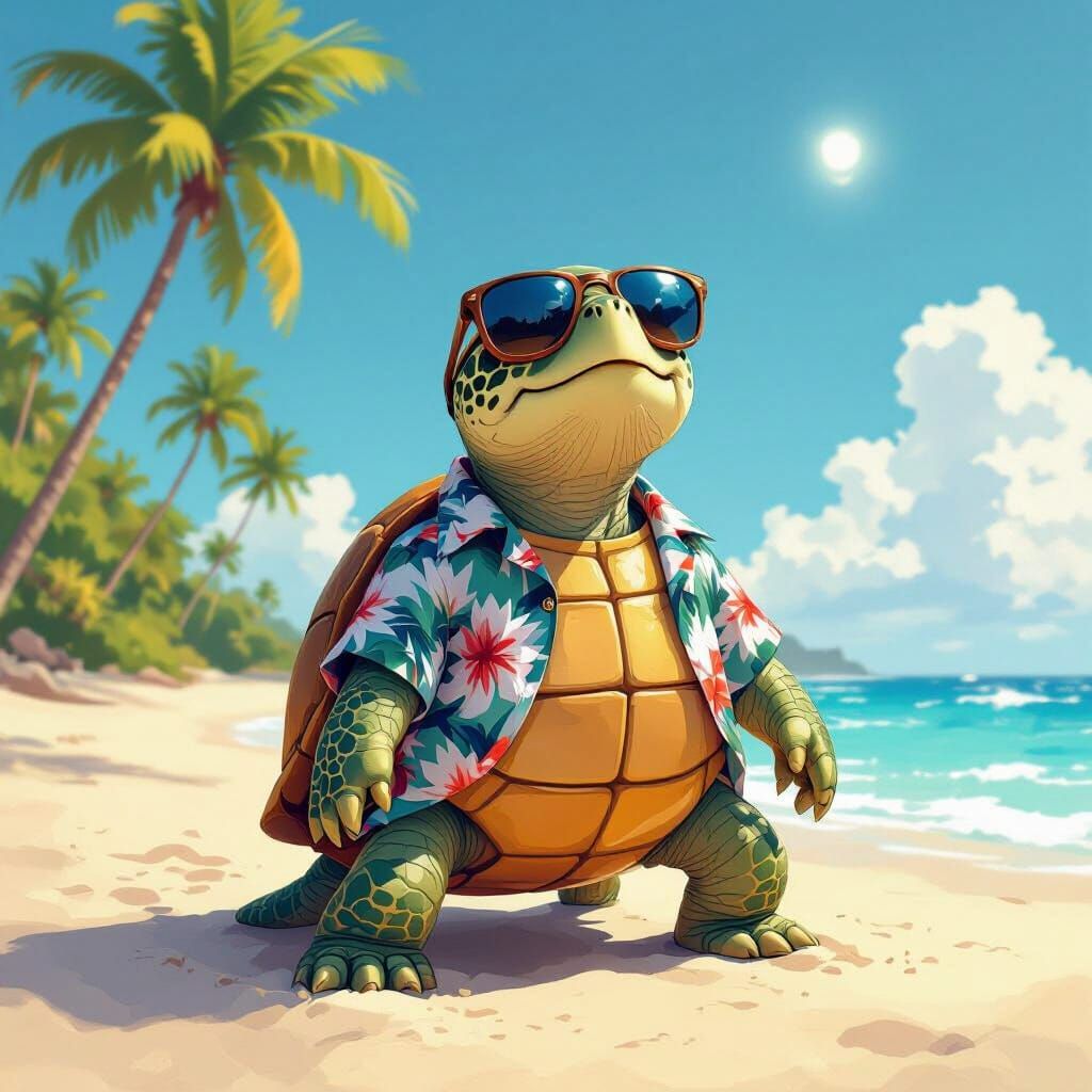 Confused Turtle on Sunny Beach in Whimsical Style