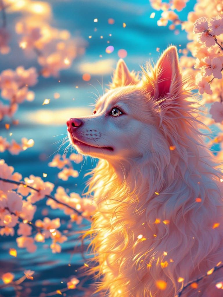 Dog in Sun Amidst Cherry Petals
