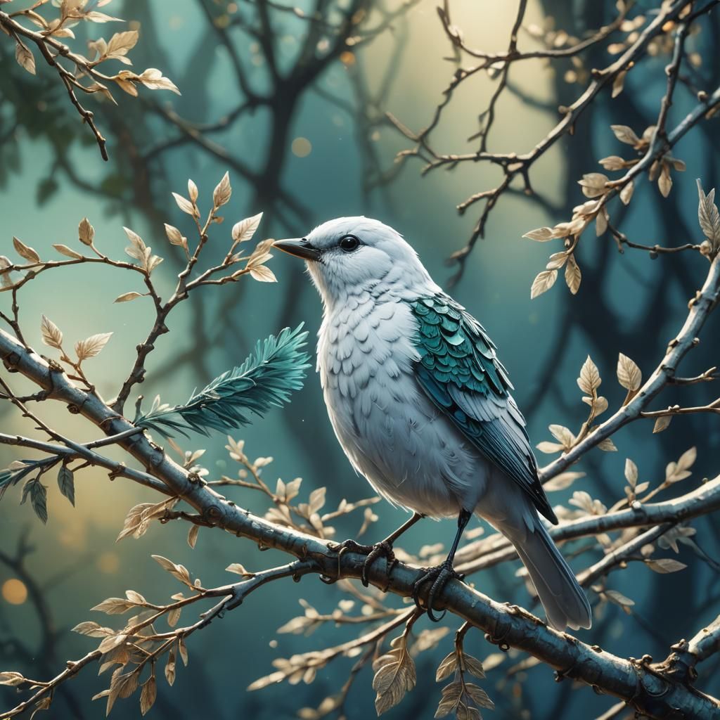 Tiny White Bird on Silver Branch: Fantasy Art