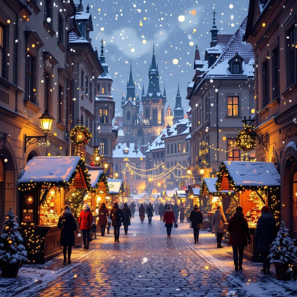 Christmas Snowfall in Historic Ostrava City