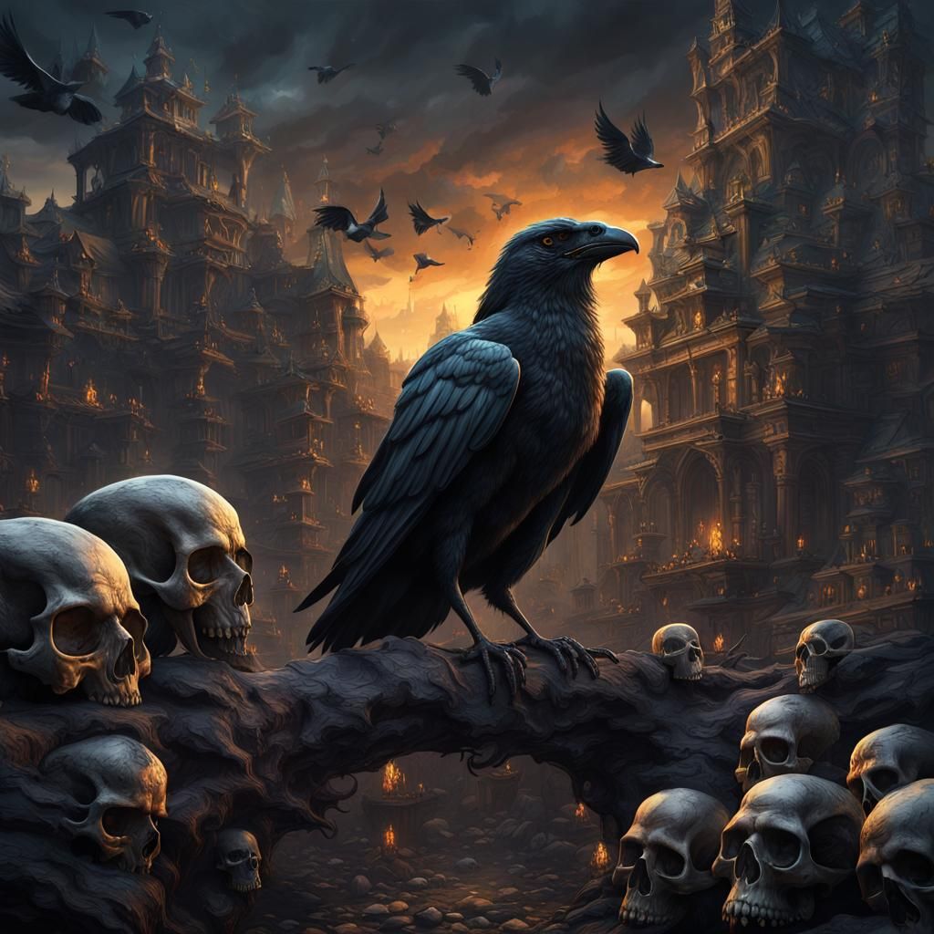 Detailed Matte Painting of Black Crows and Skulls