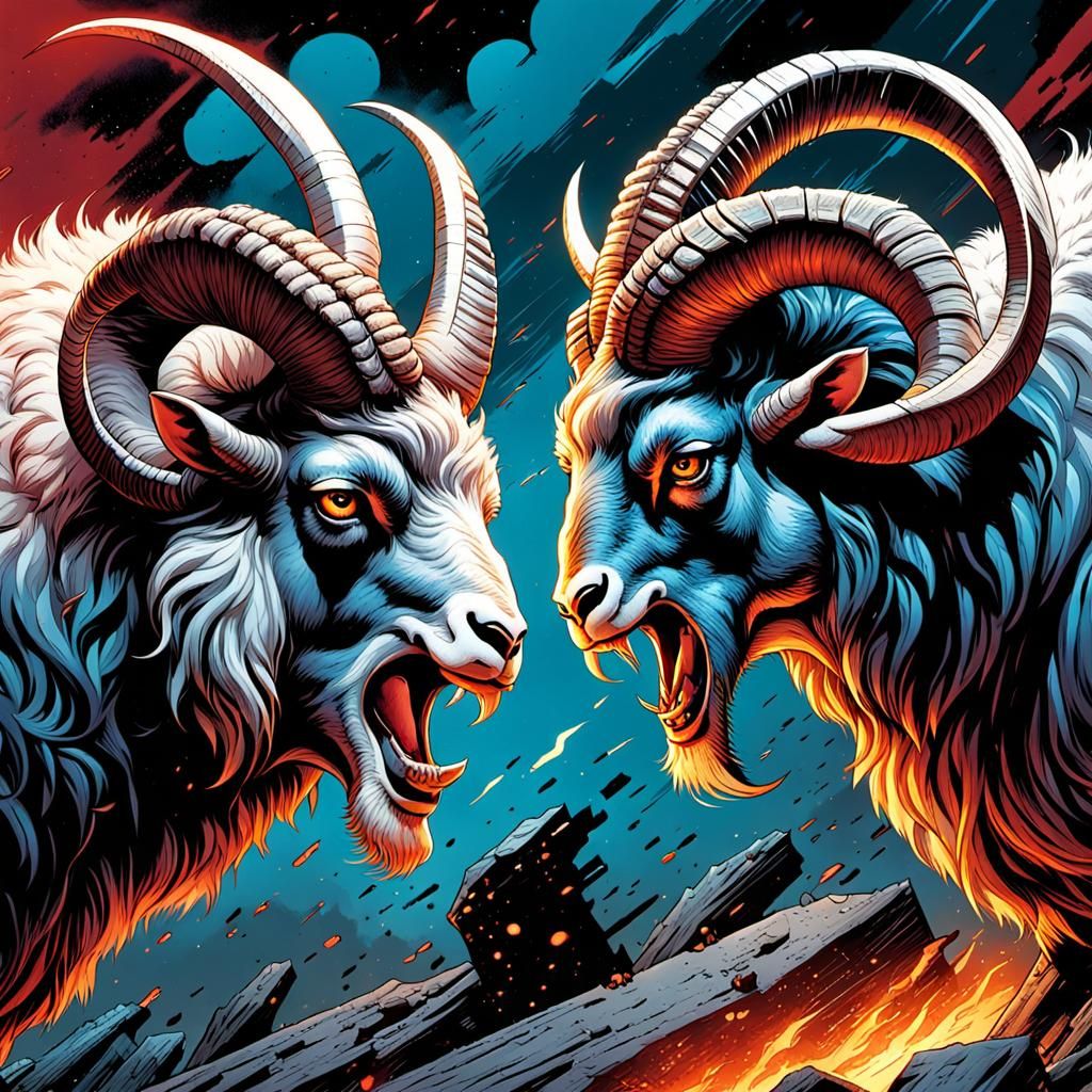 Horned Sheep in Comic Book Battle Close-Up