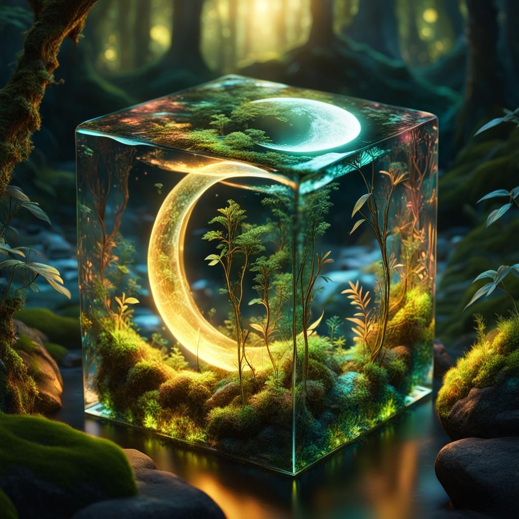 Glowing Moon Cube in Enchanted Forest: Mystical Digital Art