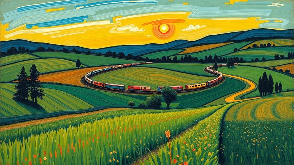 Freight Train in Expressive Expressionist Countryside