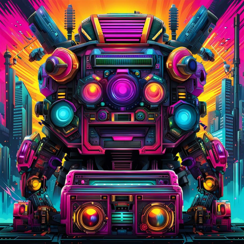 Cyberpunk Boombox Robot Mech Raves in Neon City