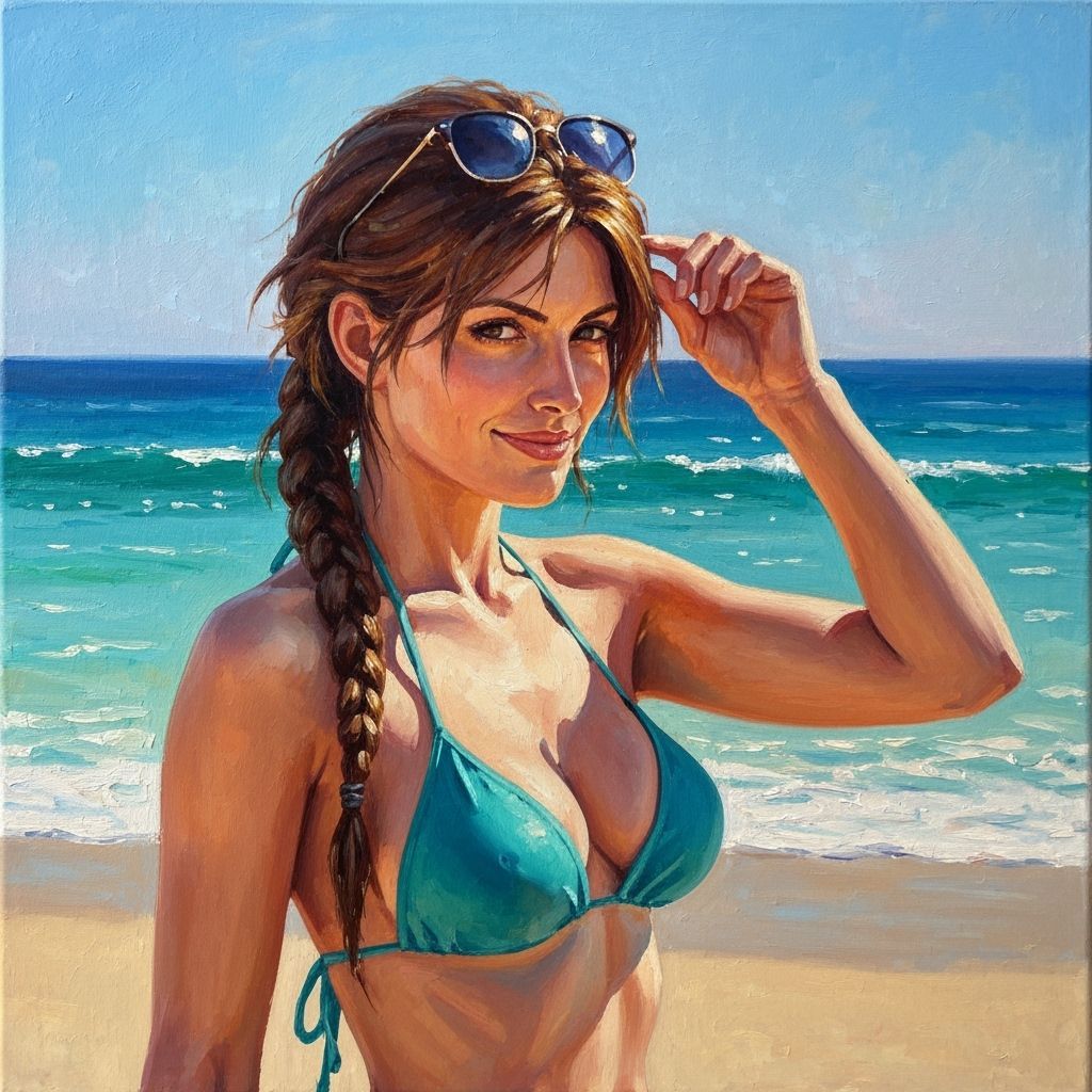 Lara Croft Beach Portrait in Impressionist Oil Style