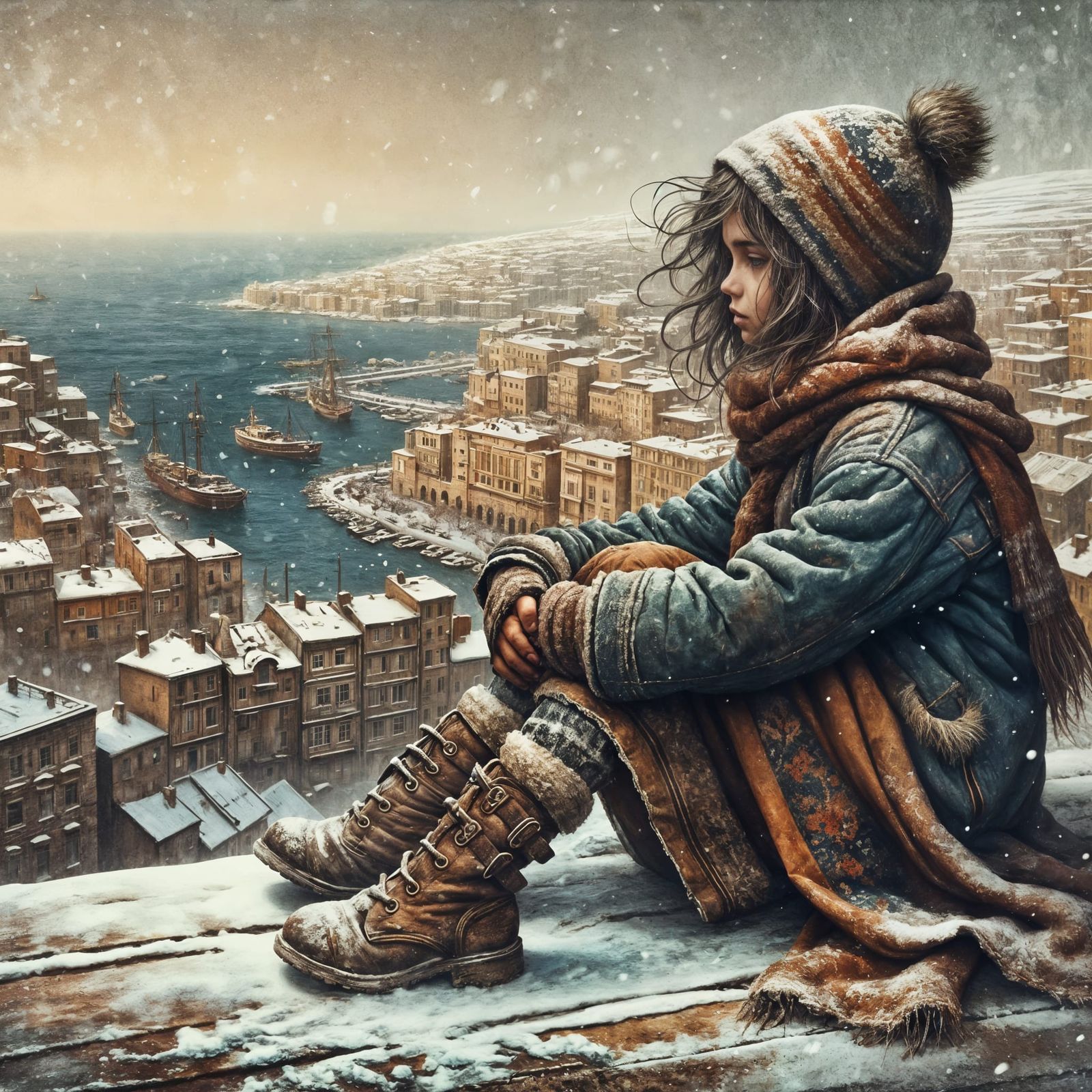 Girl Overlooking Snowy Harbor in Painterly Style