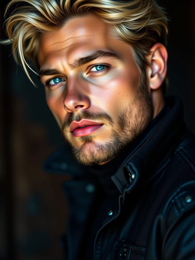 Hyperrealistic Portrait of a Blond Man in Chiaroscuro Style