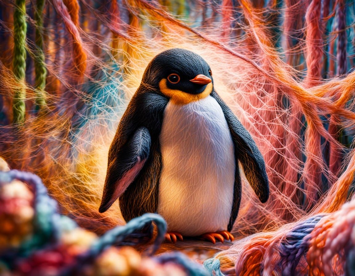 Whimsical Felt Wool Penguin Ensnared in Dreamy Satin Threads