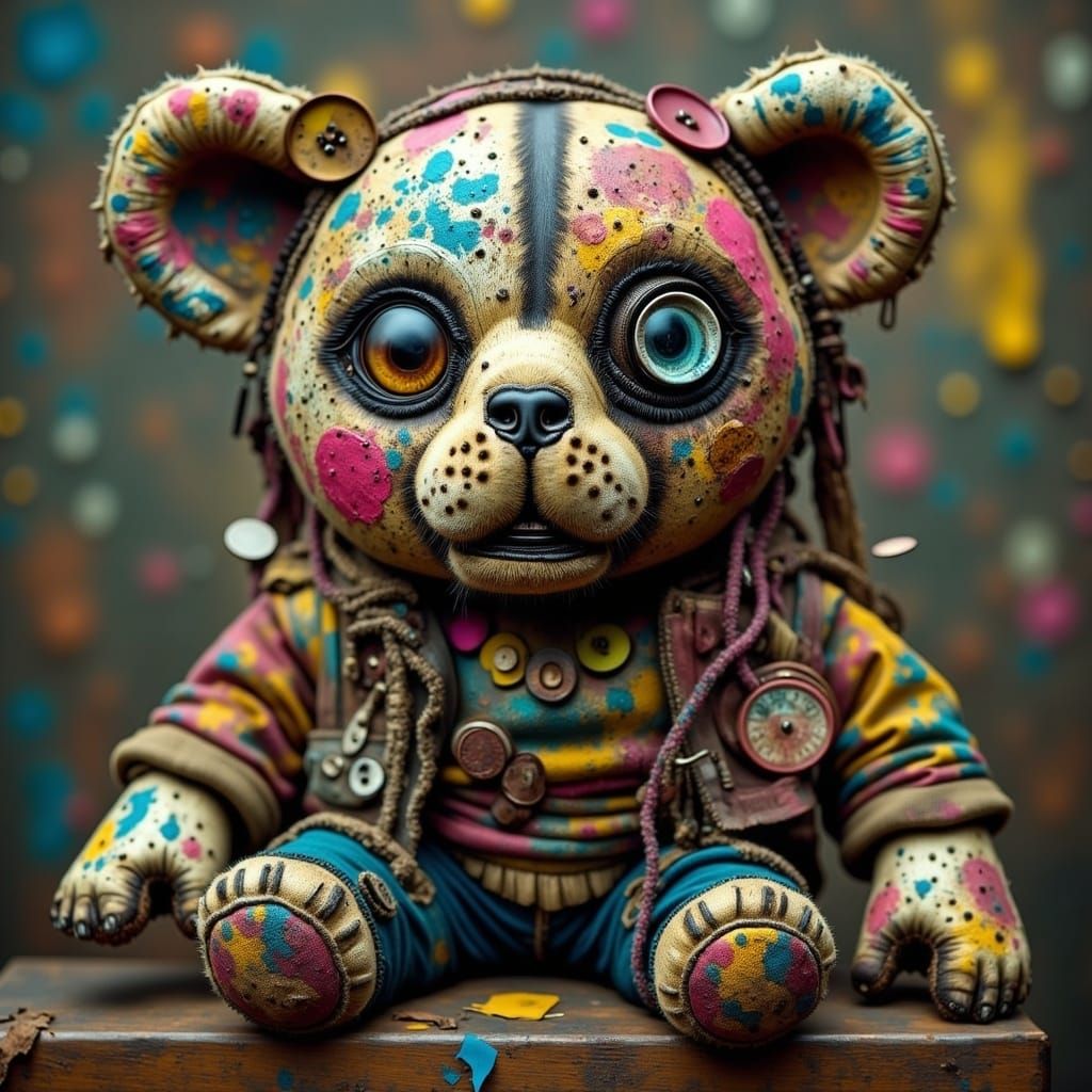 Trashpunk Stuffed Bear with Button Eye