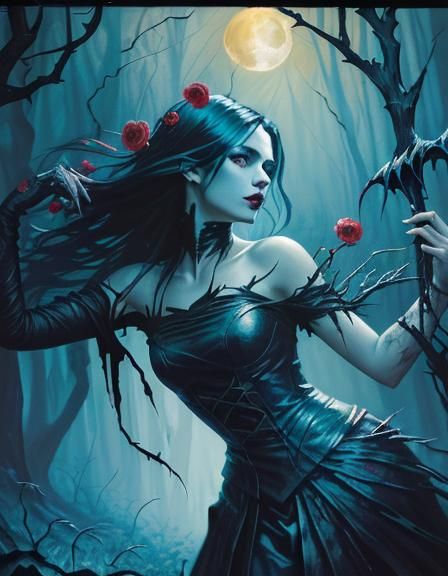 Evil Vampire in Thorn Forest: Dark Fantasy Art