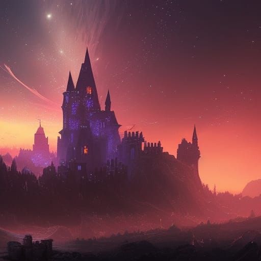 Fantastical Castle Silhouette Under Starry Night Sky