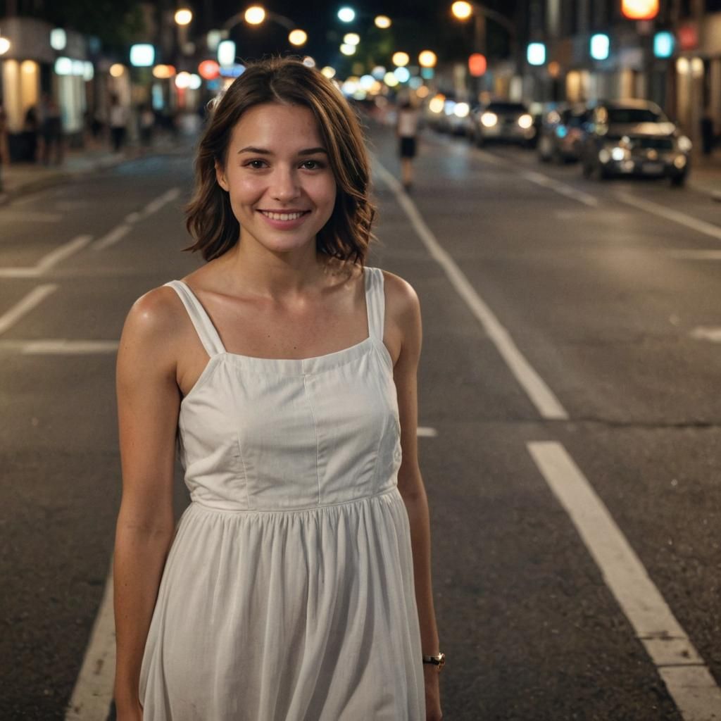 Smiling Brunette in White Dress, Nighttime Street Photograph...
