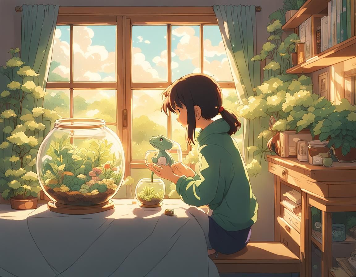 Lofi Girl Feeding Magical Lizards: Anime Style